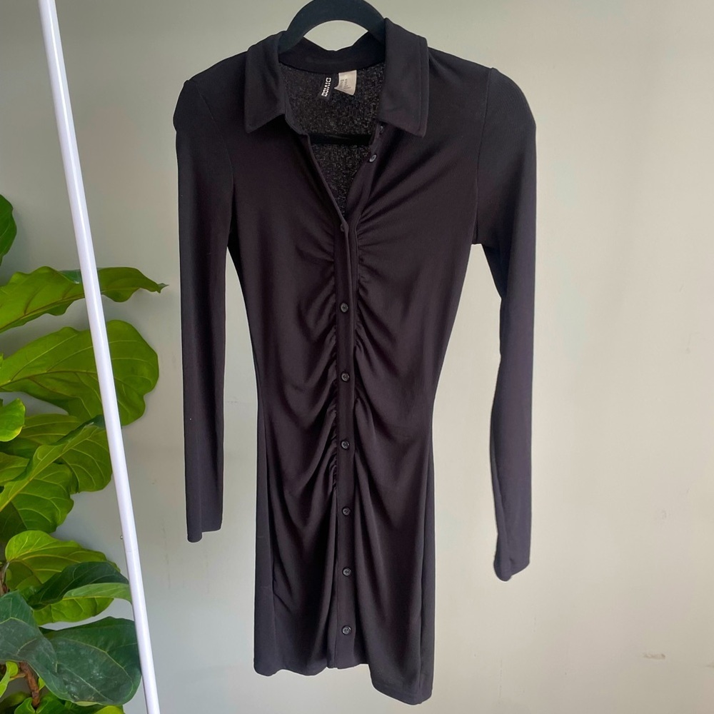 Divided Black Long Sleeve Stretch Mini Button Up Dress with Collar Size XS